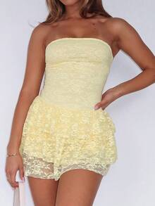 Vaiaye Romantic Elegant Lace Strapless Bodycon Dress, Sleeveless Backless Sexy Double Ruffle Hem Dress, Suitable For Wedding, Party, Concert, Carnival Summer - Light Yellow - View 6