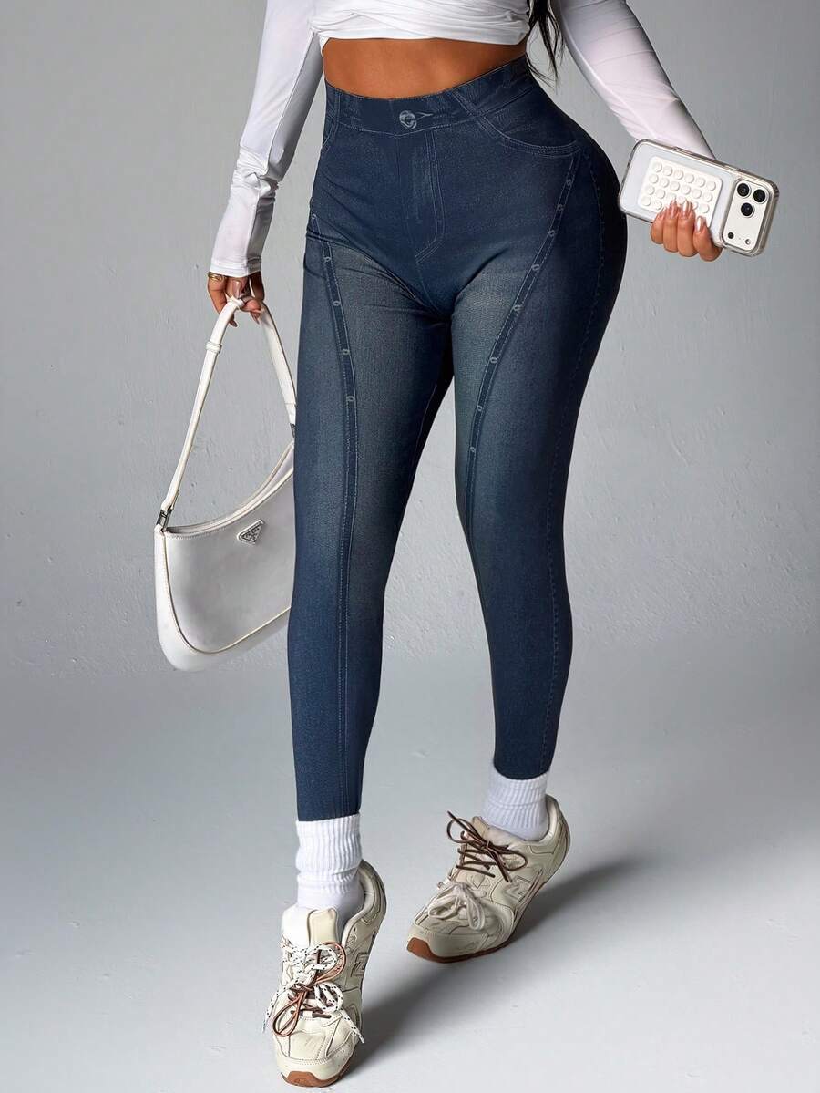 Women's Printed Denim Effect High Waist Slim Fit Casual Leggings - Navy Blue - View 1
