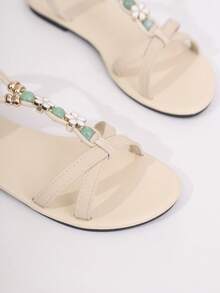 1 Pair Unisex Slip-On Sandals With Beaded Elastic Band, Bohemian Style PU Non-Slip Casual Shoes For Indoor, Outdoor, Beach, Travel, Campus, Suitable As Gift, 2026 New Arrival - Apricot - View 3