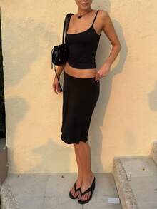 女士休闲修身纯色吊带背心和迷你裙基本款街头风度假日常两件套黑色夏季 - 黑色 - 查看 3