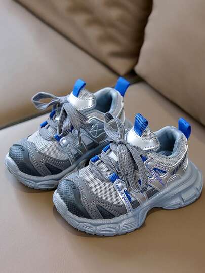 1 Pair Girls' Fashion Sneakers/Thick-Sole Sports Shoes, Kids Lace-Up Mesh Breathable Outdoor Casual Shoes, Girls' Soft Bottom Non-Slip Campus Running Shoes, Suitable For Walking/Running, Kids Tennis Shoes