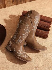 Women's Western Cowboy Embroidered Mid Calf Boots Square Toe  Chunky Low Heel For Country Music Festivals Theme Party And Concert All-Season Brown Boots - màu nâu - Xem 6