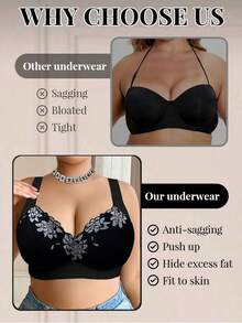 蕾丝拼接性感女士文胸，休闲舒适简约后背设计，加厚女士文胸，大码无钢圈文胸 - 黑色 - 查看 5