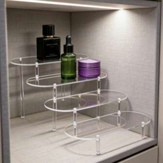 1 st akryl dessertställ, födelsedagsfest bordsställ, bröllopsdekor, bröllopsfesttillbehör, bröllopsaccessoarer, tårtställ. Förvaringsställ i flera nivåer, kan användas för att visa upp parfym, hudvård, kosmetika i vardagsrum, badrum, sovrum, heminredning.