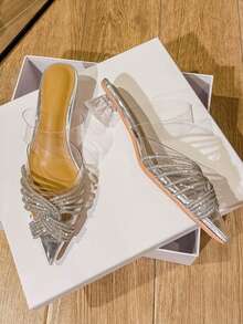 Women's Rhinestone Embellished Criss-Cross Peep Toe High Heel Sandals, Suitable For Various Occasions - Silver - View 2
