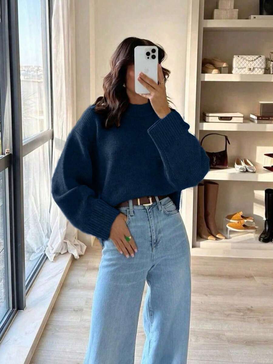 Grey Crew Neck Casual Knit Sweater For Women - Navy Blue - View 1