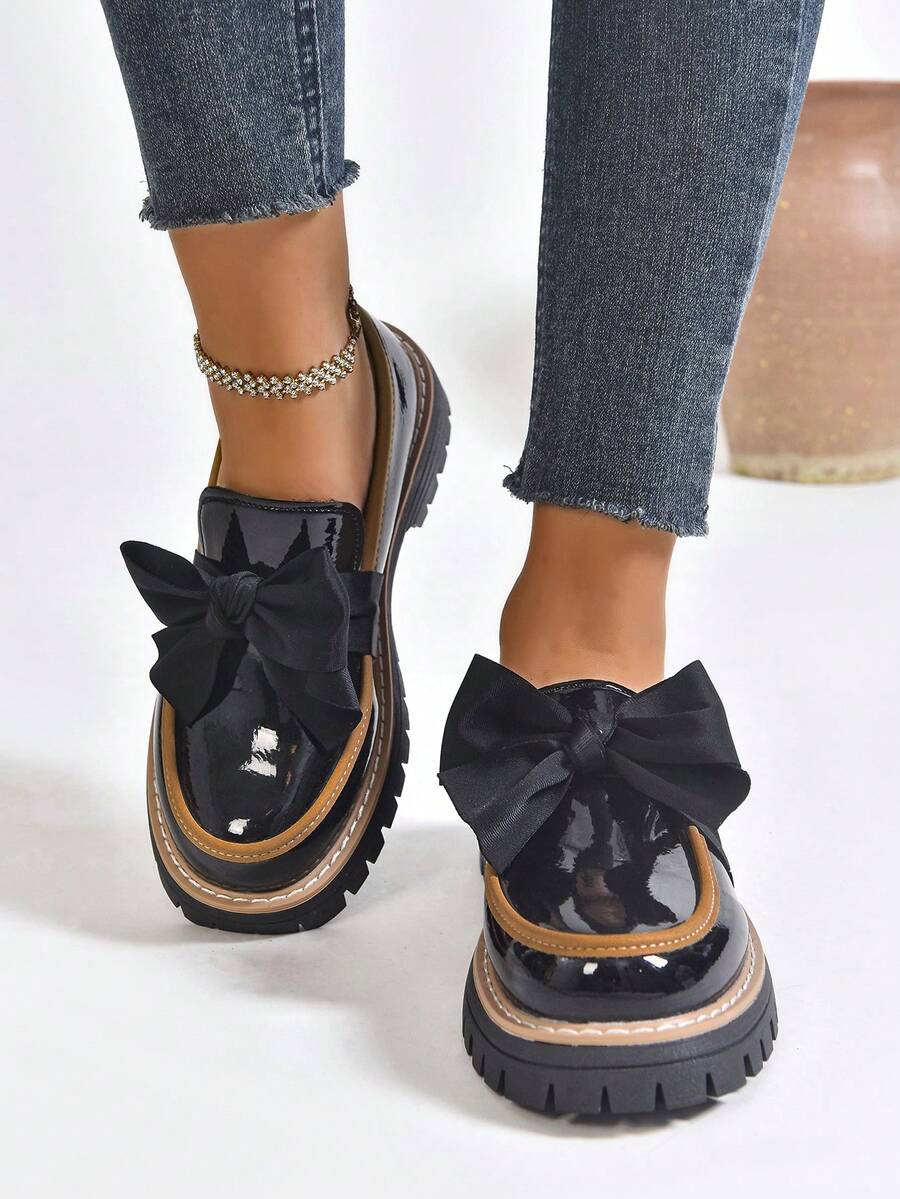 New Women's Loafers Thick Sole Spring/Autumn Fashion Versatile PU Outdoor Wear Bow Patent Leather Black Round Toe Slip-On Shoes - Black - View 1