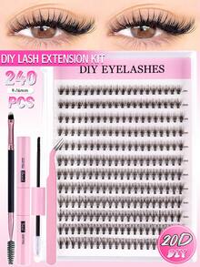 240/168pcs D-Curl Natural Eyelash Extension Kit, 168pcs Cluster Eyelash Set, 9-12mm Lengthening Curly Eyelashes Extension Kit With Eyelash Glue And Applicator, DIY Use At Home - Black - View 15