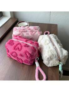 1pc Fluffy Heart-Shaped Cosmetic Bag - Zippered Closure, Fashionable Makeup Organizer, Fits Cosmetics, Makeup Brushes,Portable Makeup Organizer Pouches, Makeup Travel Bag - Multicolor - View 2
