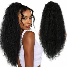 1pc Women's Long Curly Drawstring Ponytail, Clip-On Wavy Wig, Fluffy & Natural, Black Synthetic Hair Wig