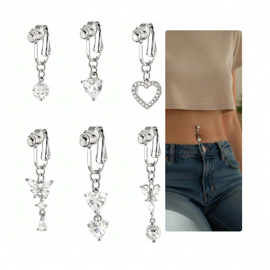 6 chiếc khuyên rốn giả, khuyên rốn giả không cần xỏ lỗ dành cho nữ - Bạc - Xem 1