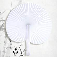 White Paper Folding Fan, Round Shaped, Wedding Ceremony Supplies - White - View 2