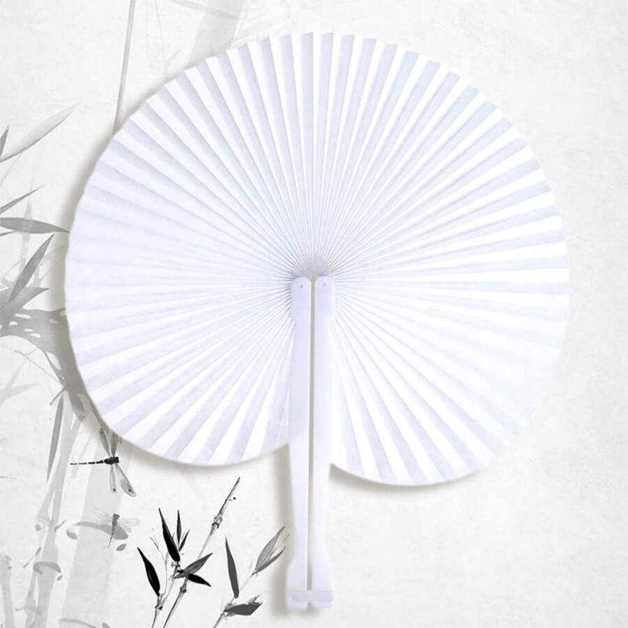 White Paper Folding Fan, Round Shaped, Wedding Ceremony Supplies