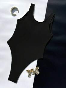 FlowZen Women's Black Square Neck One-Piece Swimsuit, Minimalist Slim-Fit Shapewear Swimwear, Y2K Baddie Style Versatile, Vacation Spaghetti Strap Jumpsuit, High-End, Suitable For Vacation, Beach, Pool, Party, Date, Street, Performance, Outdoor, Back To School, Minimalist Style, Vacation Outfit, 2026 Spring/Summer New Arrival, Music Festival, Valentine's Day, Graduation Season, Party Outfit, Baddie Style, Slimming Shaping - Black - View 2