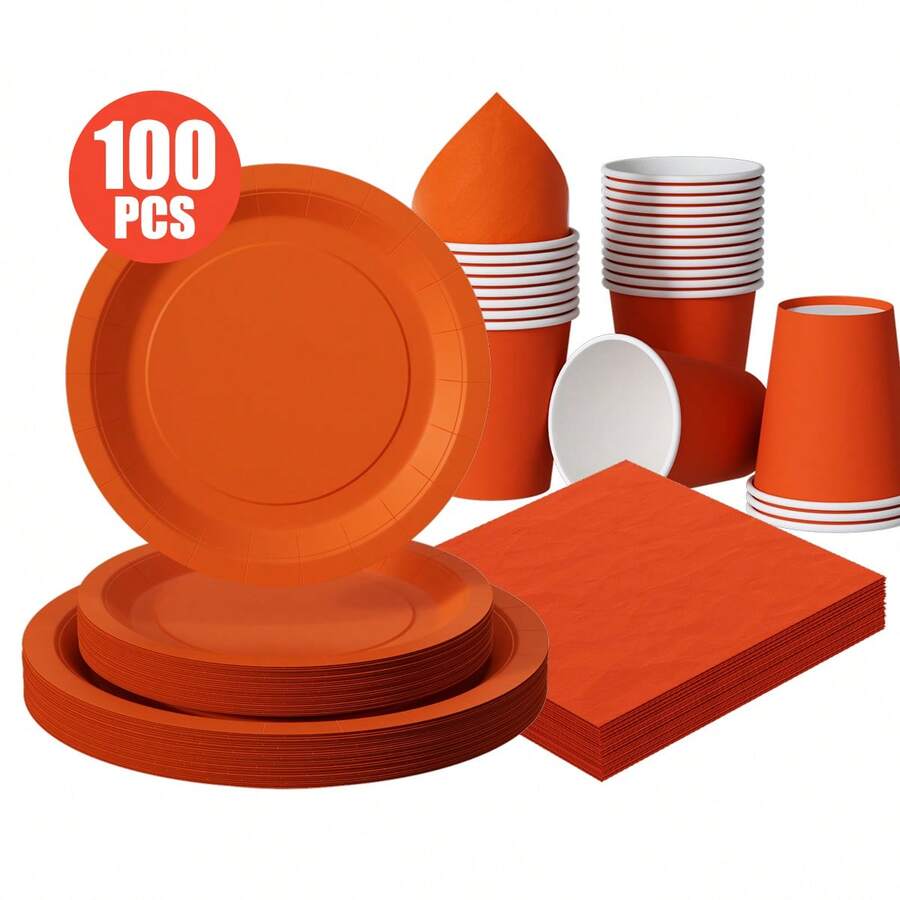 Orange & Red Disposable Plates, Napkins, Cups - 25 Guest Party Supplies Set, Disposable Paper Plates Tableware Suitable For Birthday, Wedding, Theme Party, Family Picnic - Multicolor - View 1