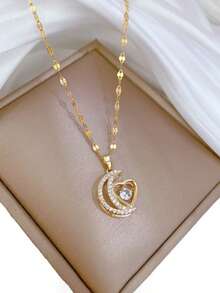 1pc Crescent Shaped Necklace, New, Luxurious, Niche Design, Exquisite Elegant, High-Quality, Heart-Shaped Pendant Accessory - Moon - View 2