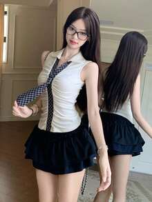 Y6Y 女士高腰短裙，藏蓝色，春季款 - 藏蓝色 - 查看 2