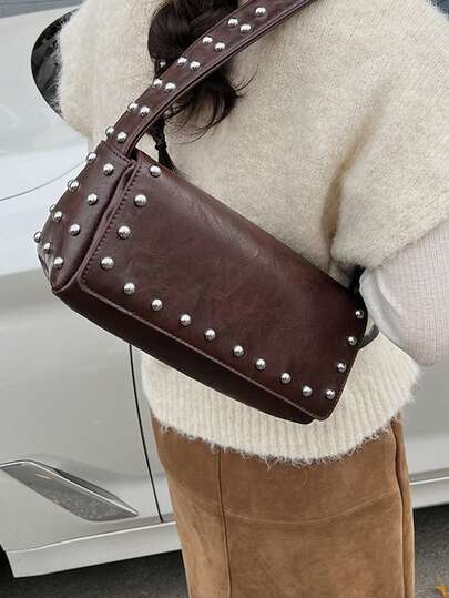 กระเป๋าสะพายไหล่สี่เหลี่ยมแบบมีสายกว้างเรียบง่ายแฟชั่นผู้หญิง, ประดับหมุด, เหมาะสำหรับออกไปข้างนอกและช้อปปิ้งทุกวัน