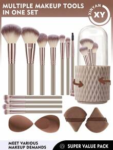 15PCS Makeup Tools Set Including:11PCS Makeup Brush Set+1pc Storage Bucket+2PCS Makeup Sponges+2PCS Triangle Powder Puffs