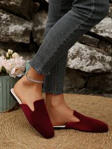 Women's Fashion Square Toe Suede Slip-On Mules, Backless Flat Slouchy Slippers For Spring/Summer - Burgundy - View 15