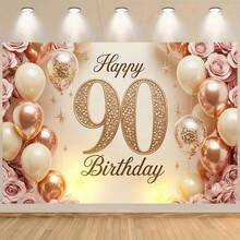 1 tấm vải phông nền trang trí sinh nhật lần thứ 90, được trang trí với số 90, hoa hồng và bóng bay, hoàn hảo cho trang trí tiệc sinh nhật lần thứ 90, các dịp lễ kỷ niệm, trang trí bàn bánh sinh nhật, lý tưởng làm quà tặng sinh nhật cho cha mẹ và người lớn tuổi. - Nhiều màu - Xem 2