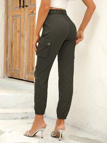 Elastic Hem Utility Pants With Side Pockets Spring - Army Green - View 6