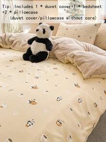 4件套儿童舒适床上用品，可爱奶油色熊猫咖啡杯印花，包含1个被套+1个床单+2个枕套，采用超细聚酯纤维制成，面料柔软，适用于单人床、双人床、大号床、特大号床，家居装饰，被套和枕套不含填充物。 - 卡其色 - 查看 2