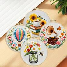 1 Set 11CT Cross Stitch Embroidery Kit, DIY Handmade Embroidery, Gramophone, Hot Air Balloon, Bee, Vase, Floral, With 3-Strand Thread, Bamboo Embroidery Hoop, Pattern Chart