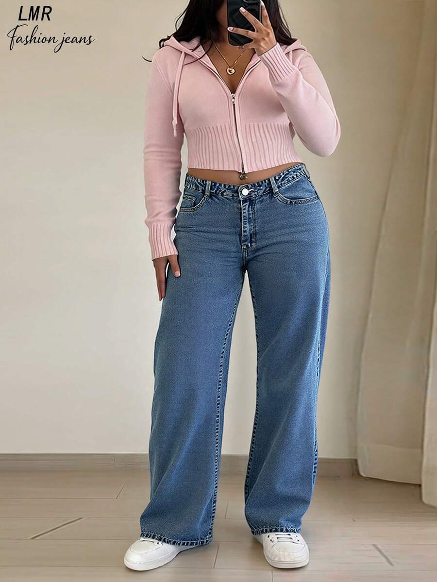 Quần jeans nữ dáng suông, cạp trung, dáng rộng, cơ bản, tối giản, thoải mái và đa năng cho trang phục đường phố hàng ngày. - Rửa tối - Xem 1