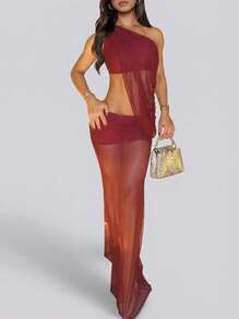 Sedessea Women Summer Sexy Oblique Neck See-Through Cropped Top And Tight-Fitting Long Skirt 2pcs Set - Burgundy - View 2