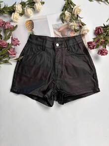 High Waist Slant Pocket Coated Shorts, Casual Sexy Bad Girl Style - Black - View 7
