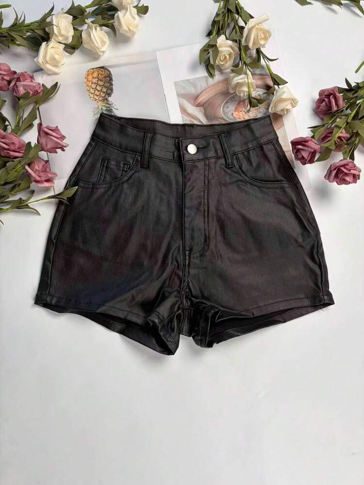 Short taille haute avec poches en biais, style décontracté sexy de mauvaise fille - Noir - Voir 6
