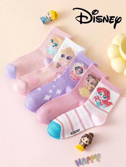 Disney 10/5 Pairs Princess Cute Socks For Girls, Elsa, Mermaid, Mid-Calf, Korean Cartoon, Boys Winter Breathable Baby/Student Ankle Socks, High Quality Gift Socks Suitable For Any Occasion