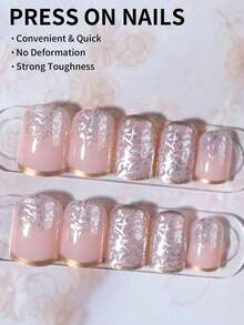 24pcs/Set Medium Square Shiny Colored French Manicure Nail Stickers, Containing Glitter, Full Coverage Acrylic False Nails, Includes 1pc Jelly Gel And 1pc Nail File, Suitable For Women And Girls For Daily Work, Study And Gatherings - 彩色 - 查看 2