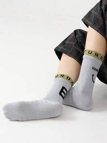 1/7 Pairs Unisex Couple Letter, Number, Smiling Face Pattern Personalized 7-Day Breathable Cotton Crew Socks, Suitable For Travel, Home, Office, Holiday Gifts - Multicolor - View 12