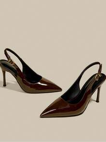 女士棕色漆皮尖头小猫跟浅口鞋，优雅正式时尚闭趾搭扣派对礼服鞋，带踝带 - 咖啡棕 - 查看 3