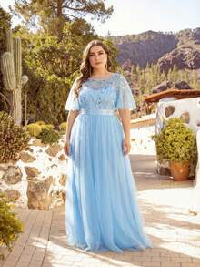 EVERPRETTY Plus Elegant Contrast Sequin Bodice Mesh Sky Blue Bridesmaid Dresses Spring Summer Formal Dress For Party Holiday Valentine's Day - Baby Blue - View 8