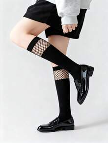 2 Pairs Women's Black Fishnet Knee High Socks, Thin Hollow Lace Lolita Style Long Socks, Summer - Black - View 3