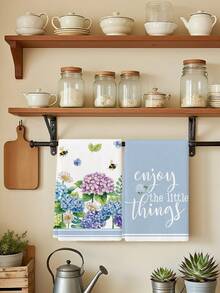 2条水彩蓝色波西米亚几何柠檬绿桉树叶薰衣草图案春夏农舍风厨房毛巾/洗碗布/节日派对用品/浴室手巾，适用于厨房、餐厅和餐桌 - 霧霾藍 - 查看 5