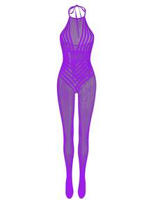 1pc Women's Sexy Lingerie Fishnet Bodysuit, Striped Tie-Up Halter Backless Bodycon Jumpsuit, Suitable For Party Night - Purple - View 8