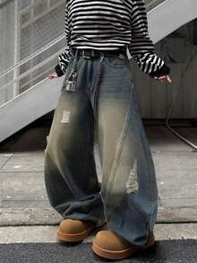 1pc Men's Japanese Style Ripped Patchwork Wide Leg Jeans, Vintage Distressed Casual Loose Fit Denim Pants (Belt And Accessories Not Included) - Dusty Blue - View 6