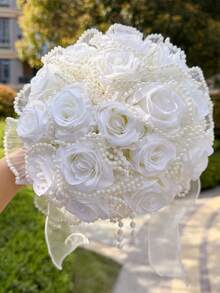 8.66 Inch Artificial Wedding Bouquet, Bridal Faux Pearl Veil Decorated Rose Bouquet, Suitable For Wedding Ceremony, Anniversary, Homecoming And Other Occasions, Valentine's Day Gift,Festival,Birthday - Multicolor - View 2