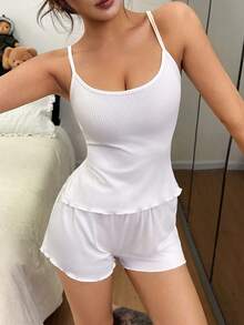 Bonmuse Bộ đồ ngủ nữ màu trắng có gân gồm áo hai dây và quần short, kiểu dáng tối giản, mềm mại và thoải mái, thoáng khí và thân thiện với da. - trắng - Xem 3