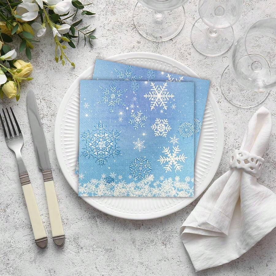 Ice And Snow Themed Snowflake Napkins, Disposable Blue Lunch Napkins, Frozen Birthday Snow Scene Themed Party Decorations, Frozen Birthday Napkins, Blue And White Winter Wonderland Themed Winter Celebration Supplies - Multicolor - View 1