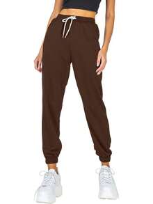 Women's Cinch Bottom Sweatpants - Athletic Joggers Lounge Pants With Pockets - Brown - View 2