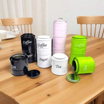 3pcs Stackable Coffee Storage Canisters Set, Food Storage Iron Tins, New Coffee Accessories Round Stackable Coffee, Sugar, Tea Canisters, Iron Storage Jars, Kitchen Storage Containers, Waterproof Kitchen Storage Boxes Round Coffee Tea Leaf Boxes, Iron Canisters With Engraved Labels, Suitable For Coffee, Tea, Sugar, Kitchen Organization, Dining Room, Living Room, Tea Room, Gift For Friends And Family