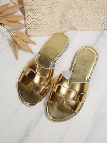 Wide Fit Korean Style Casual Flat Sandals For Women, Summer Open Toe Woven Roman Sandals, New Autumn Fashion Flat Sandals For Women To Match Skirts - Gold - View 2
