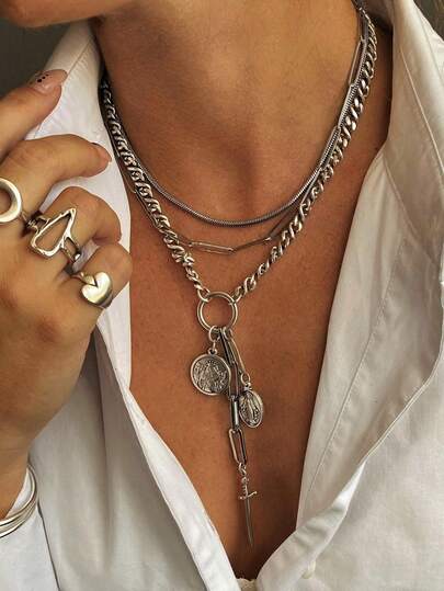 3pcs Vintage Old Coin, Portrait, Cross, Sword, Letter Pendant Necklace, Multi-Layer Necklace For Women, Suitable For Vacation, Date, Party, Ball, Festival, Valentine's Day, Birthday, Daily Wear
