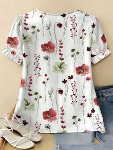 Plus Size Elegant Casual Floral Lace Ruffle Trim Blouse For Women, Spring/Summer - Red - View 6