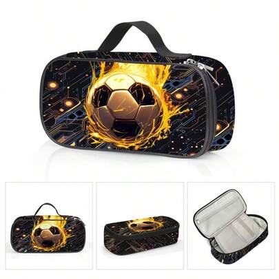 Unisex Football Printed Pencil Case With Compartments, Suitable For Pens, Keys, Phones, Coins, Small Items, Multipurpose For School, Home, Gifts, Vacation, Holidays (Back To School, Christmas)